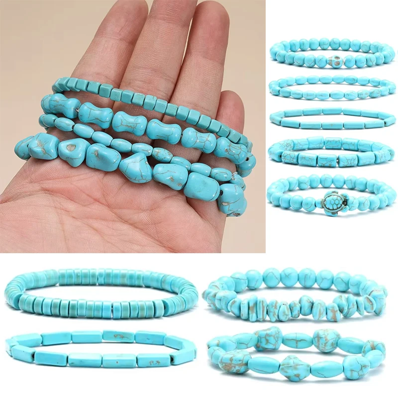 Turquoises Bracelets for Women Men Reiki Nature Stone Cube Cylinder Irregular Resilient Bracelet Healing Jewelry