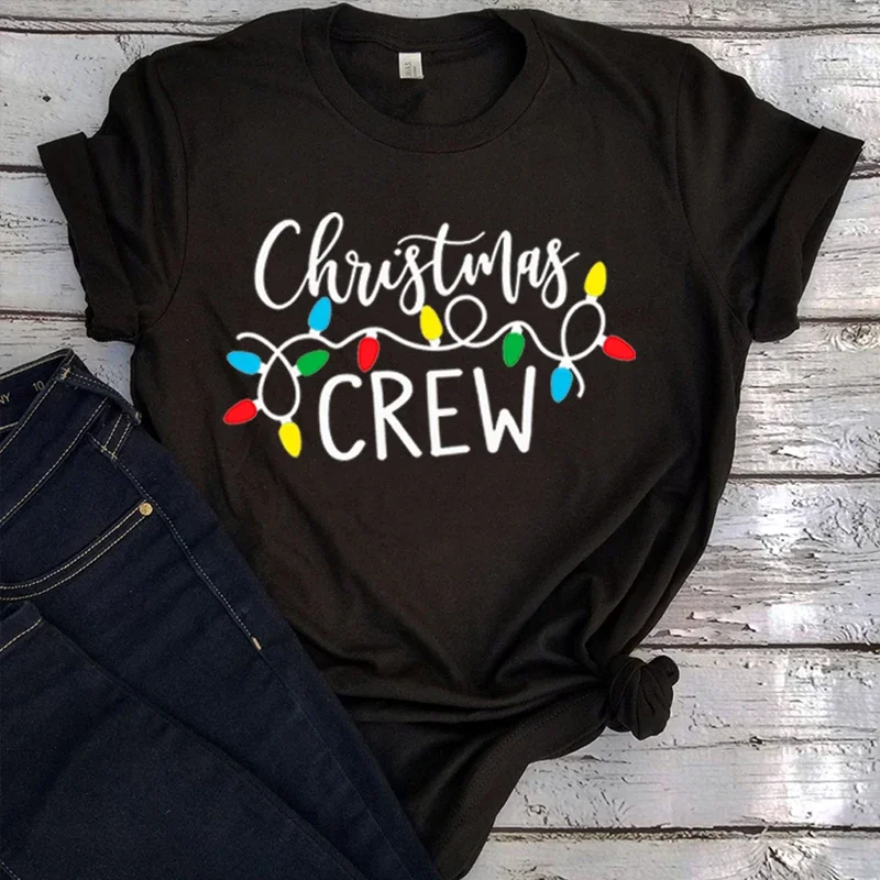 

Christmas Crew T-shirts Vintage Christmas Lights Women Clothing 2024 Merry Christmas Funny Graphic T Shirts L