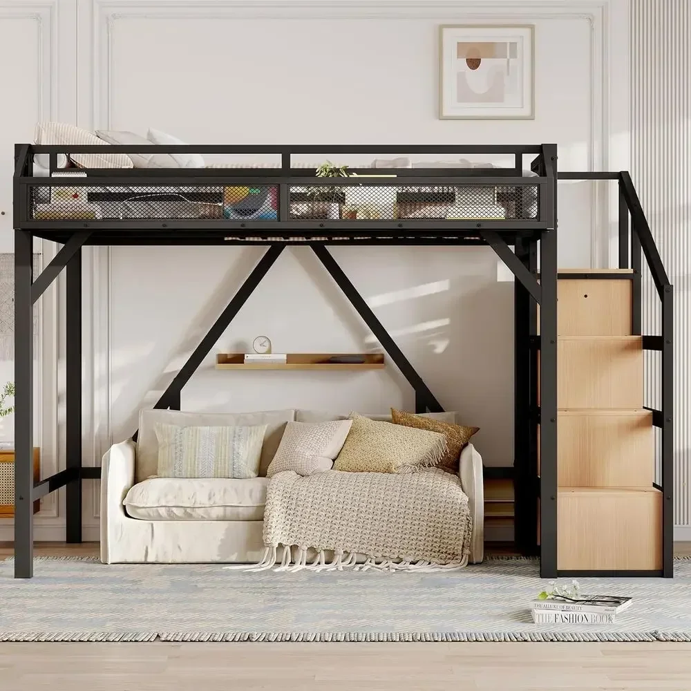 Twin XL Metal Bed with Stairs, Wardrobe, LED Lights, USB Ports for Teens, Black Natural view 3