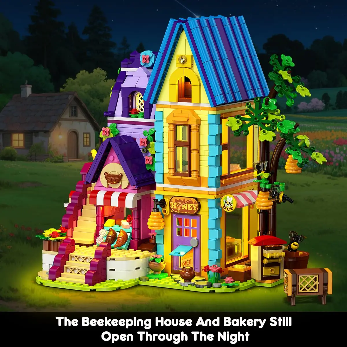 HOGOKIDS Beeeeping & Bakery House Building Toy with LED- Friends Girls Baking with Honey Workshop Pretend Play Birthday for Kids