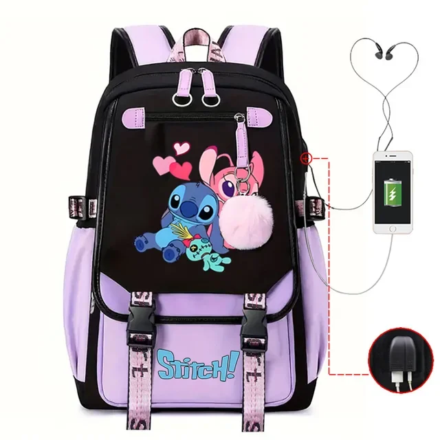 Lovely Stitch กระเป๋าเป้สะพายหลัง USB Patchwork แล็ปท็อปน้ําหนักเบาวัยรุ่นโรงเรียนกระเป๋าผู้หญิงความจุการ์ตูน Mochilas