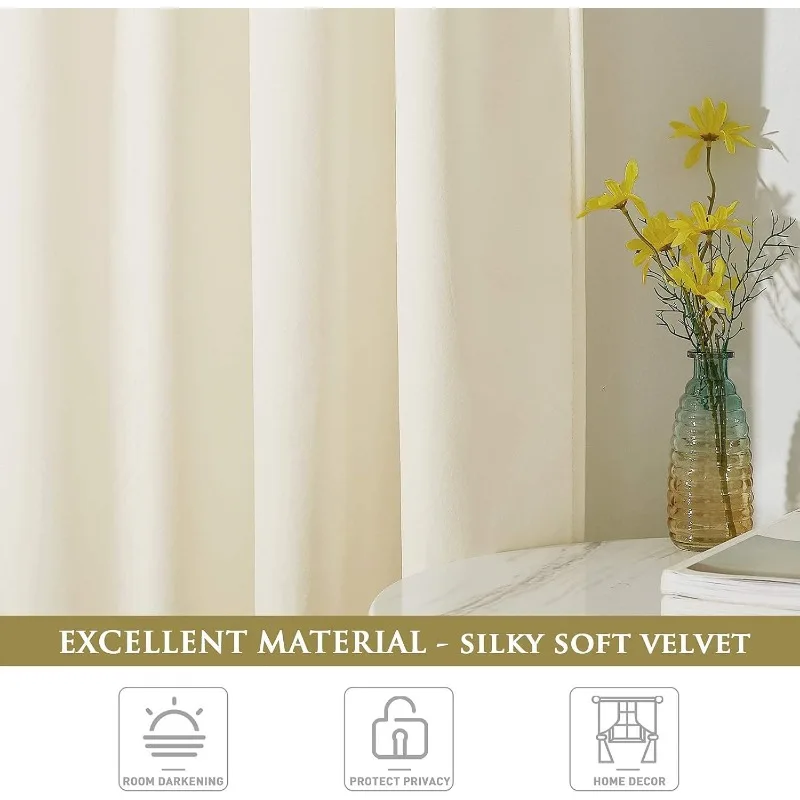 Ivory Velvet Bedroom Curtains - Ivory, W52 x L96, 2 Pieces