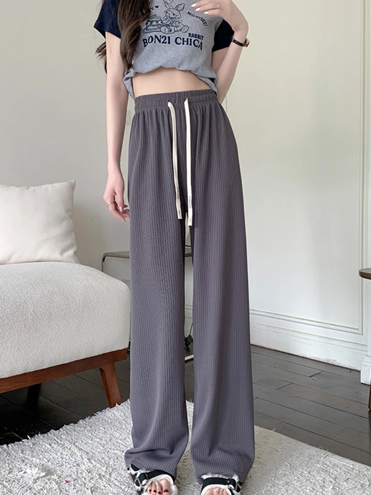 2024 Ribbed High Waist Loose Women Wide Leg Pants Female Floor-Length Solid Drawstring Pants Ladies Long Trousers