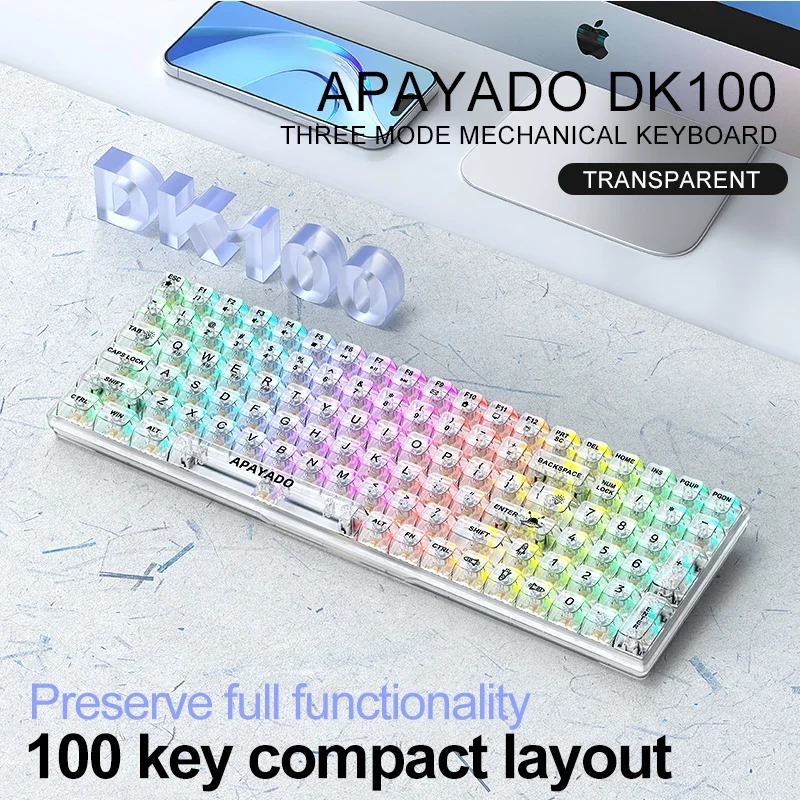 Imagem -02 - Apayado-teclado Mecânico Bluetooth Transparente Conexão com Fio tipo c Retroiluminação Rgb Conexão Tri-mode 2.4g Dk100