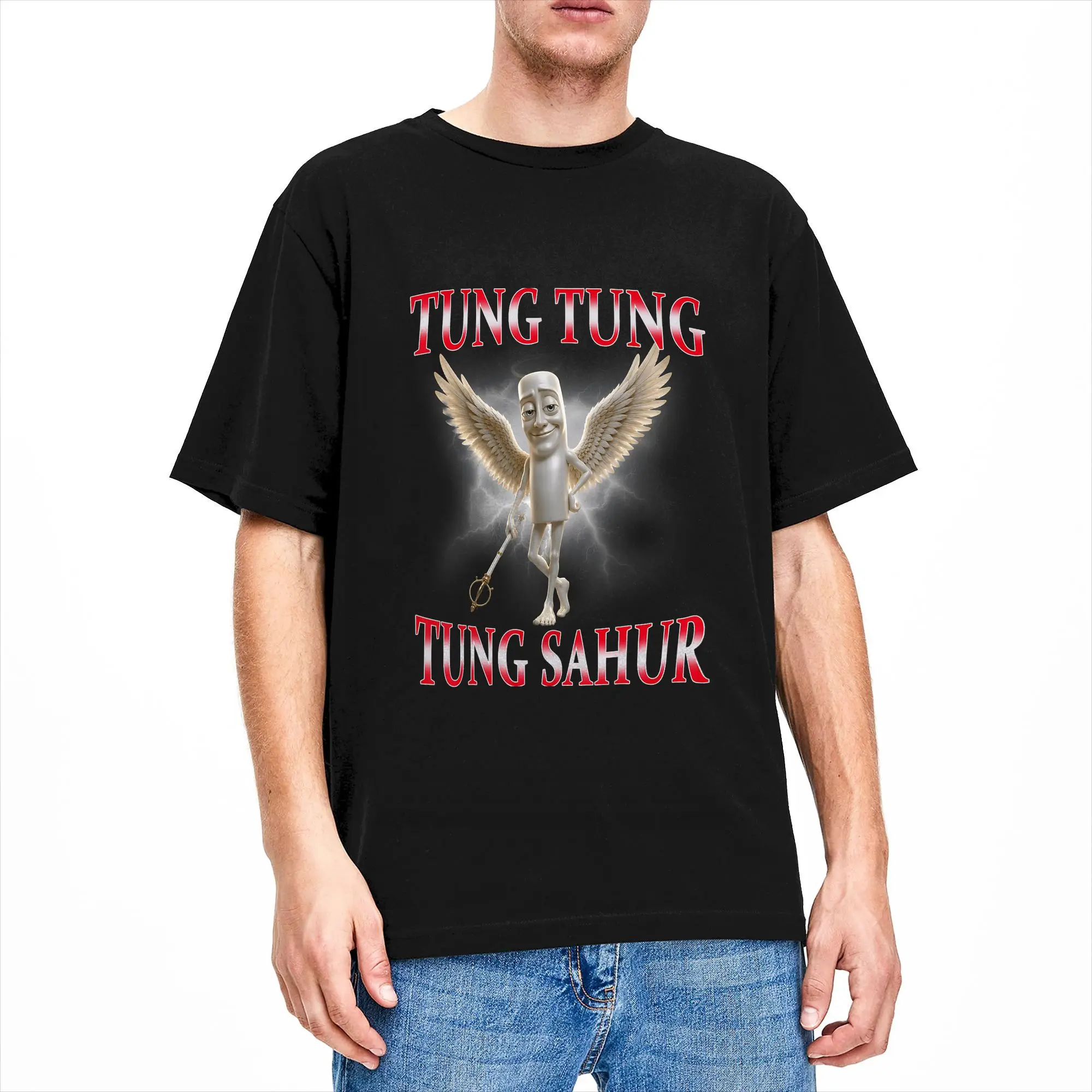 Italian Brainrot Meme Tung Tung Tung Sahur T-Shirts für Herren, tolle Baumwoll-T-Shirts mit Rundhalsausschnitt, kurzärmelige T-Shirts, klassische Kleidung
