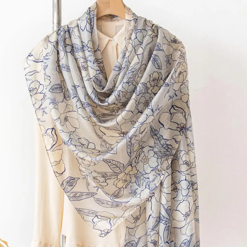 

Real Silk Shawls Lady Thin Scarves Fashion Sunscreen Wrap Print Flower Pashmina Windproof Bufanda Summer New Cape 110*176Cm