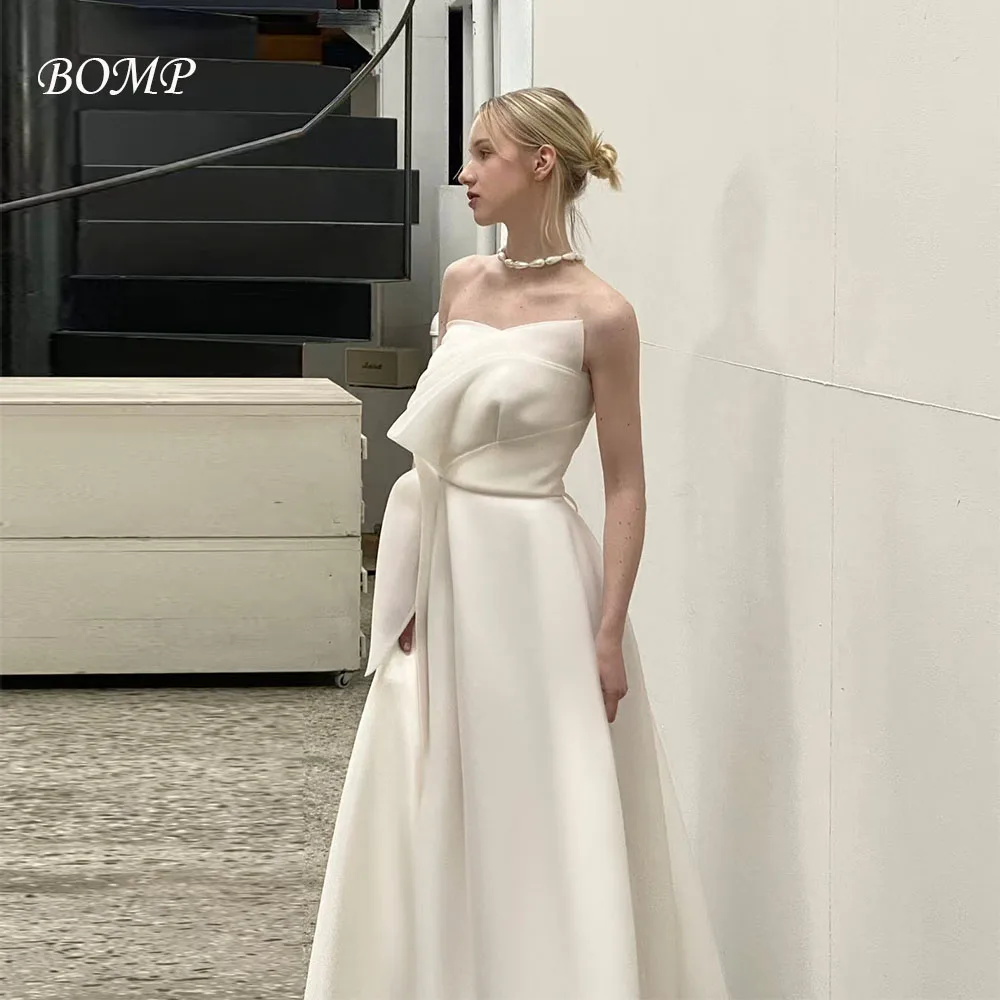 BOMP Simple Ivory Wedding Party Dress Strapless Sweep Train A-Line Korea Photo Shoot Bridal Reception Gown Customized 웨딩드레스