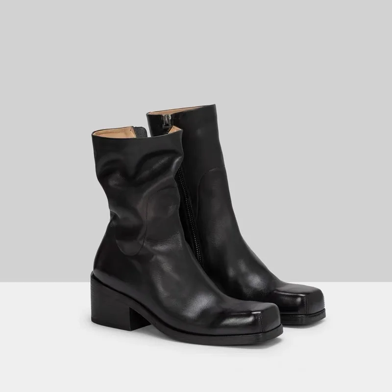 

Genuine Leather Ankle Boots Zipper Square Toe Block Heel Wear-Resistant Easy To Match Casual Daily Commute Fashion Boots
