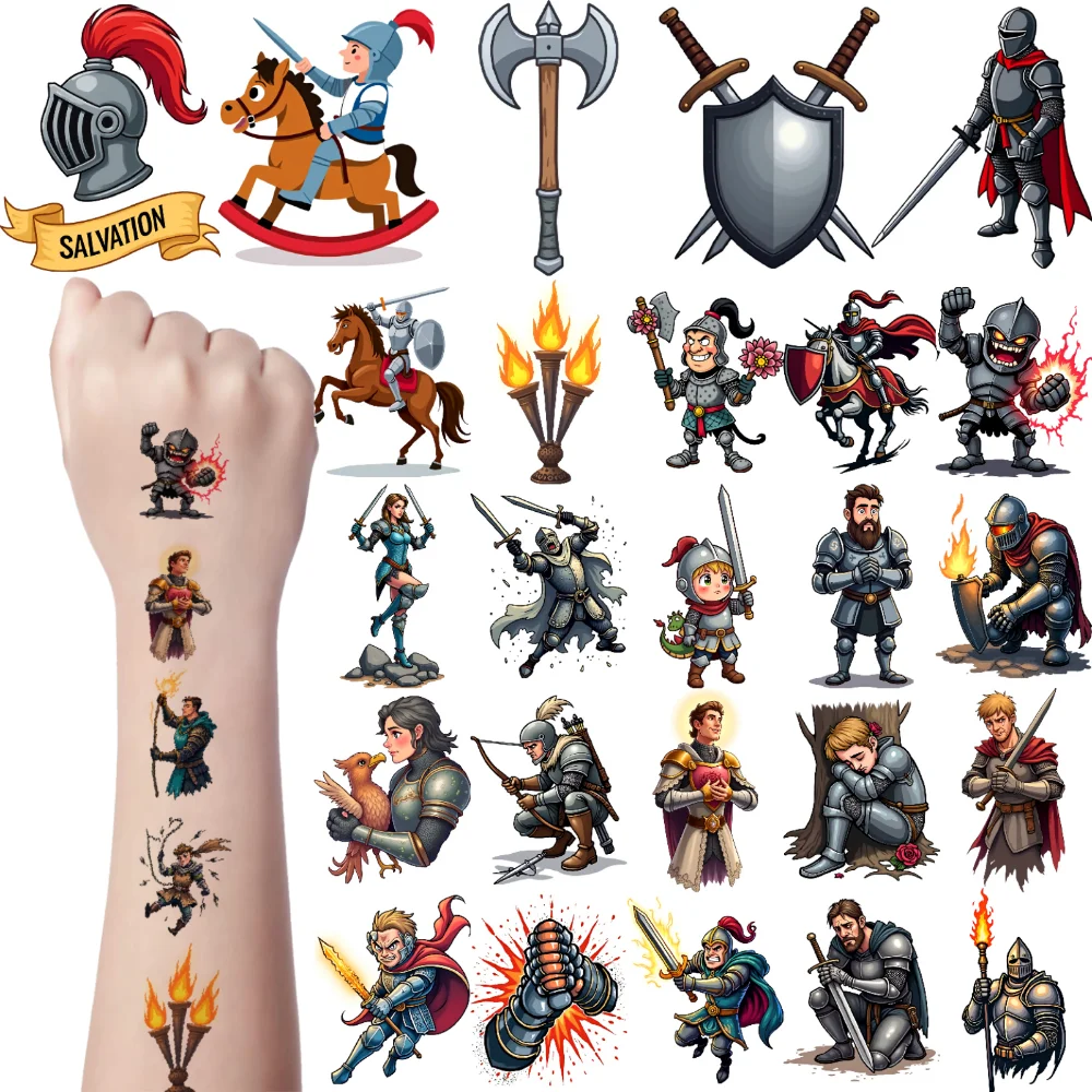 

54 шт., временные татуировки, топор, водонепроницаемые долговечные наклейки для тела, баннер, меч, временные татуировки, наклейки, лошадь для женщин