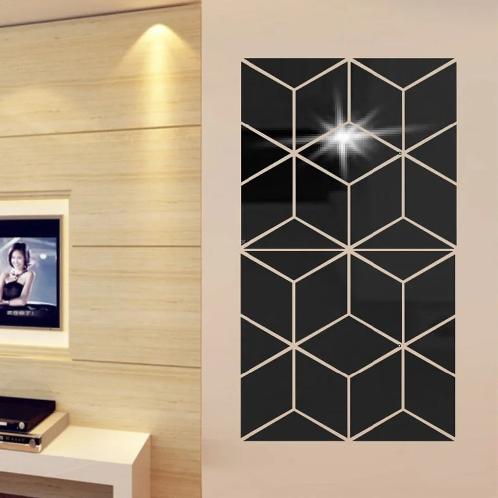 아크릴 삼각형 자체 접착 다이아몬드 DIY 거울 벽 스티커, 블랙 3D 거울 스티커, 거실 홈 장식, 8 개, 15 개, 28 개, 54 개