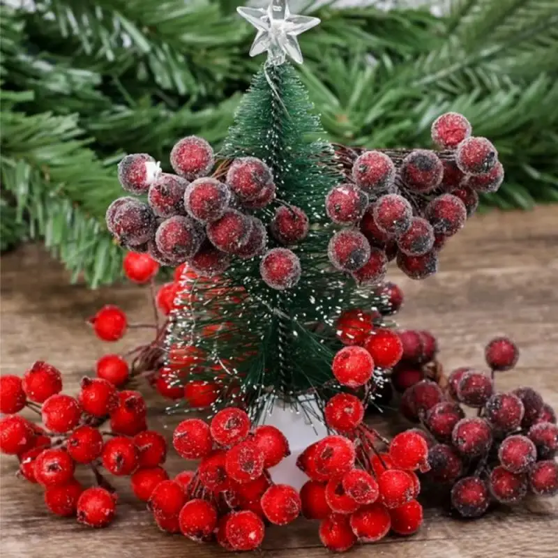 20/40pcs Artificial Frosted Berries Christmas Mini Cherry Stamen Simulation Double Head Berries Wreath Decoration Supplies