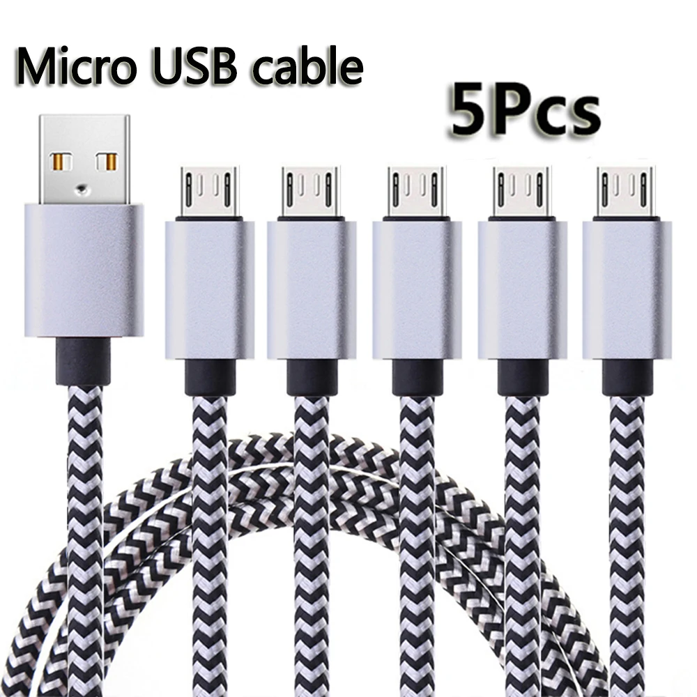 Nylon Braided USB A To Micro Cable 2.4A Fast Charging Sync Charger for Samsung Android Mobile Phone 1M 2M 3M 5Pcs