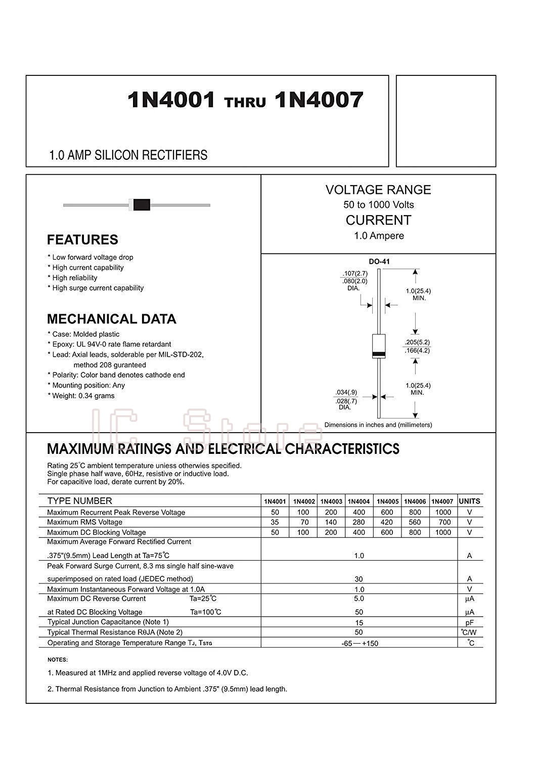 1000PCS 1N4001 Rectifier Diode IN4001 4001 DO-41 New