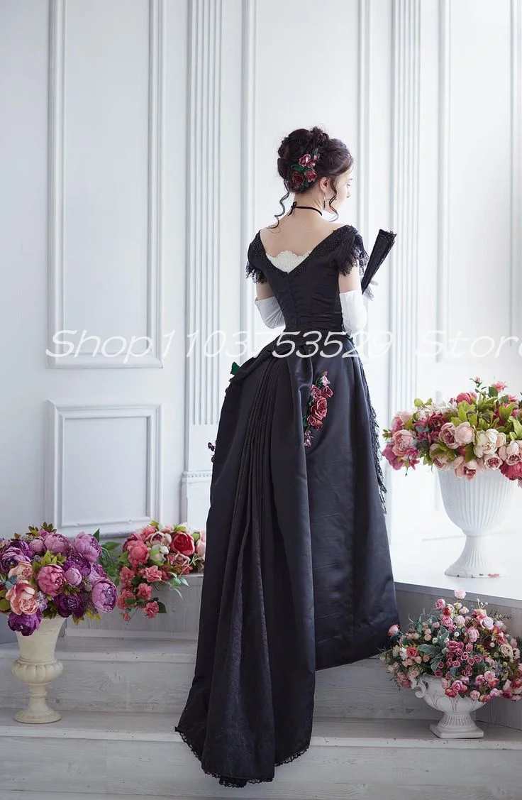 History Black Gothic Prom Dresses 3D Floral Lace Stain Corset Bustle Ruched Victorian Evening Gown Walking Civil War Outfit