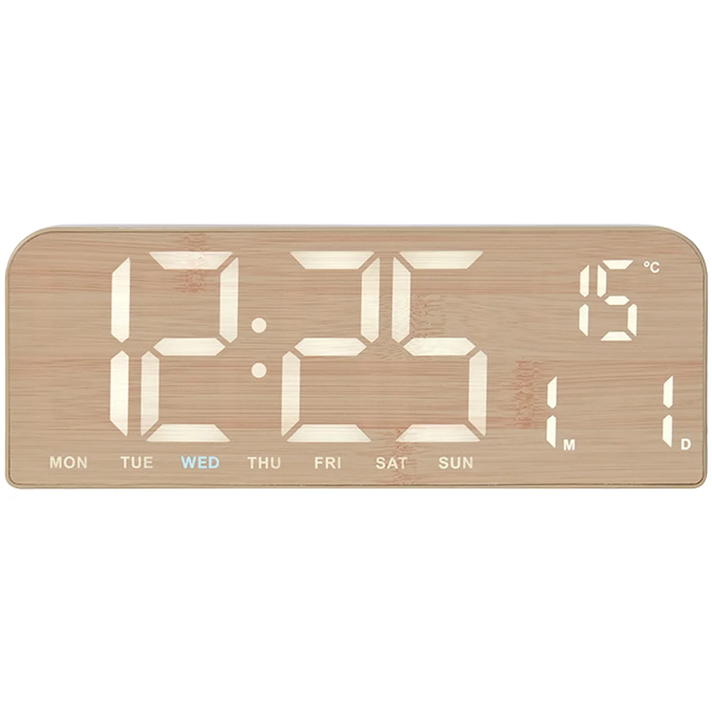 Wood Finished LED Alarm Clock Featuring Clear Large Display Time Date Weekday and Room Temperature for Daily Use