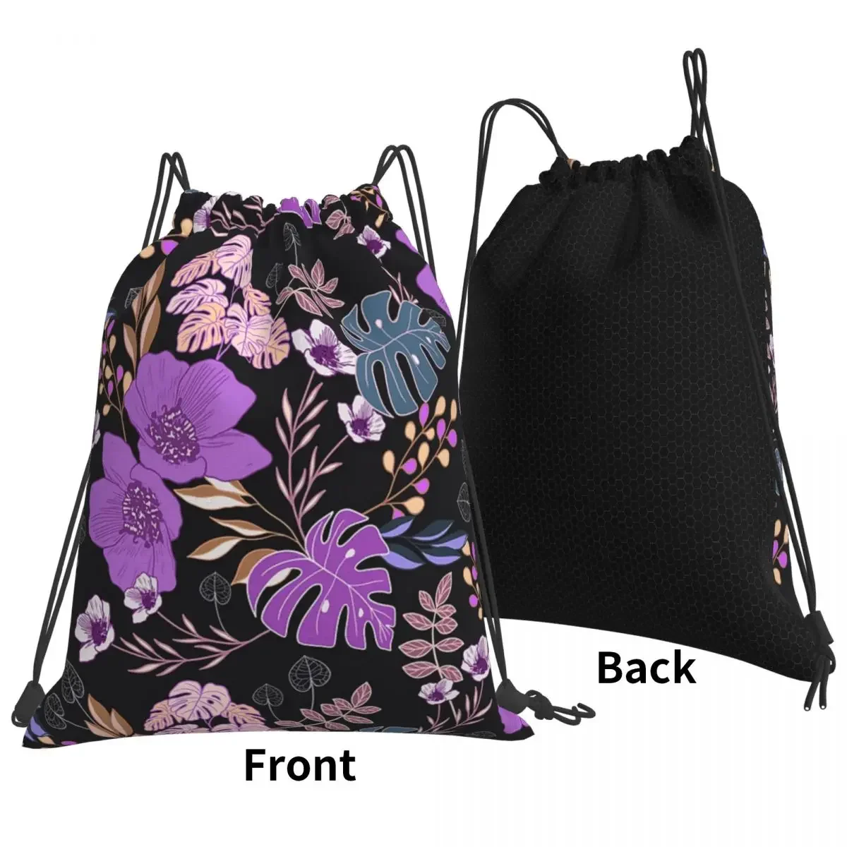 Spring Batik Floral - Black Backpacks Portable Drawstring Bags Drawstring Bundle Pocket Sports Bag BookBag For Travel Students