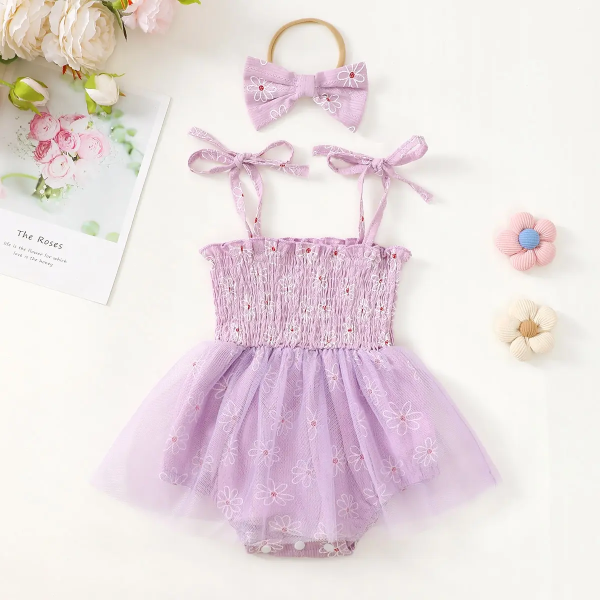 2PCS Summer Baby Girl Little Ruched Chrysanthemum Mesh Dress Princess Dress with Bow Headpiece