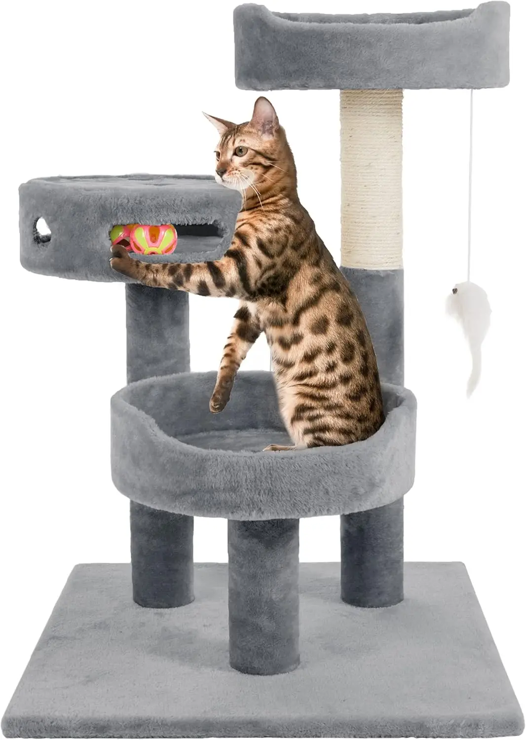 

3-Tier Cat Tower with Sisal Rope Scratching Post, 2 Carpeted Napping Perches, Hanging Mouse, and Interactive Toy for Ind