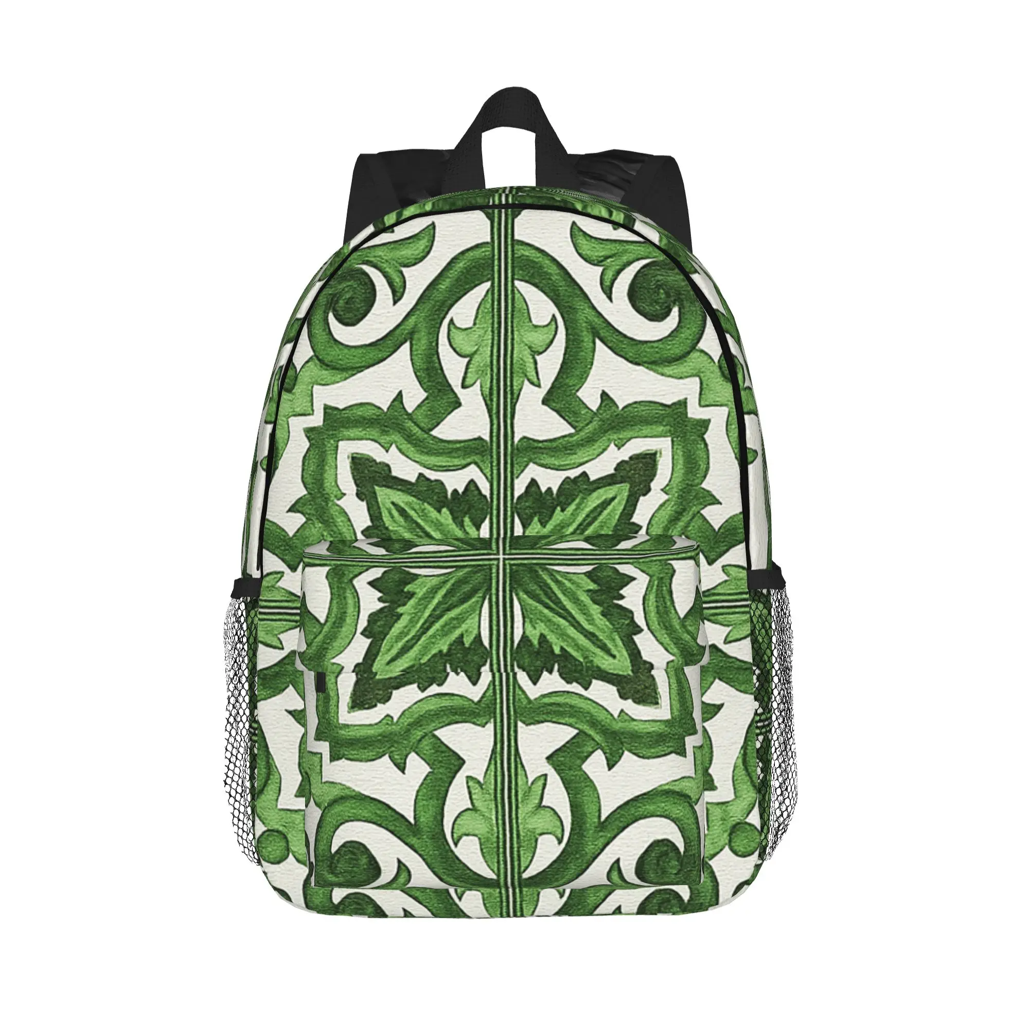 Green Ornate Floral Mediterranean Sicilian Tile Backpack Hot Sale Daypack  BookBag Shoulder Bags for Men Women School Bag