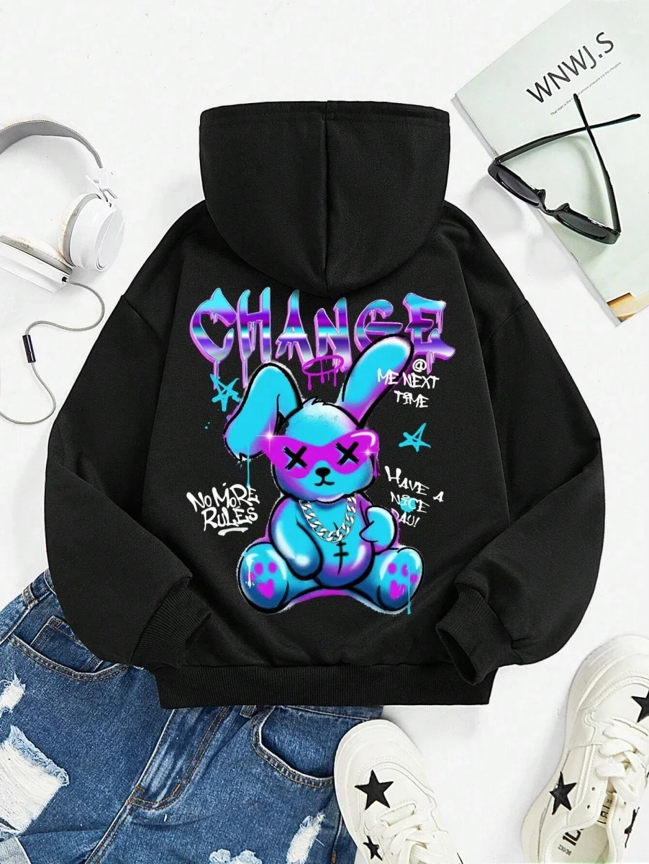Trendy Sweatshirt Met Konijnencartoons En Print Damesmode All-Match Street Hoody Capuchon Casual Hoodies Oversized Kleding
