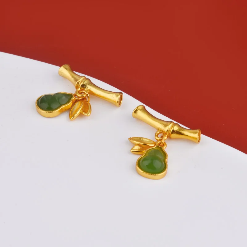 

S925 pure silver, ancient-style silver, gold-plated leaf and silver accessory, inlaid with jade gourd bamboo joint tube