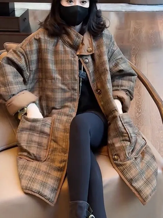 

Retro Plaid Cotton Jaet Women's Winter New Loose Casual Versatile Thi Warm Medium Length Cotton Coat Overcoat