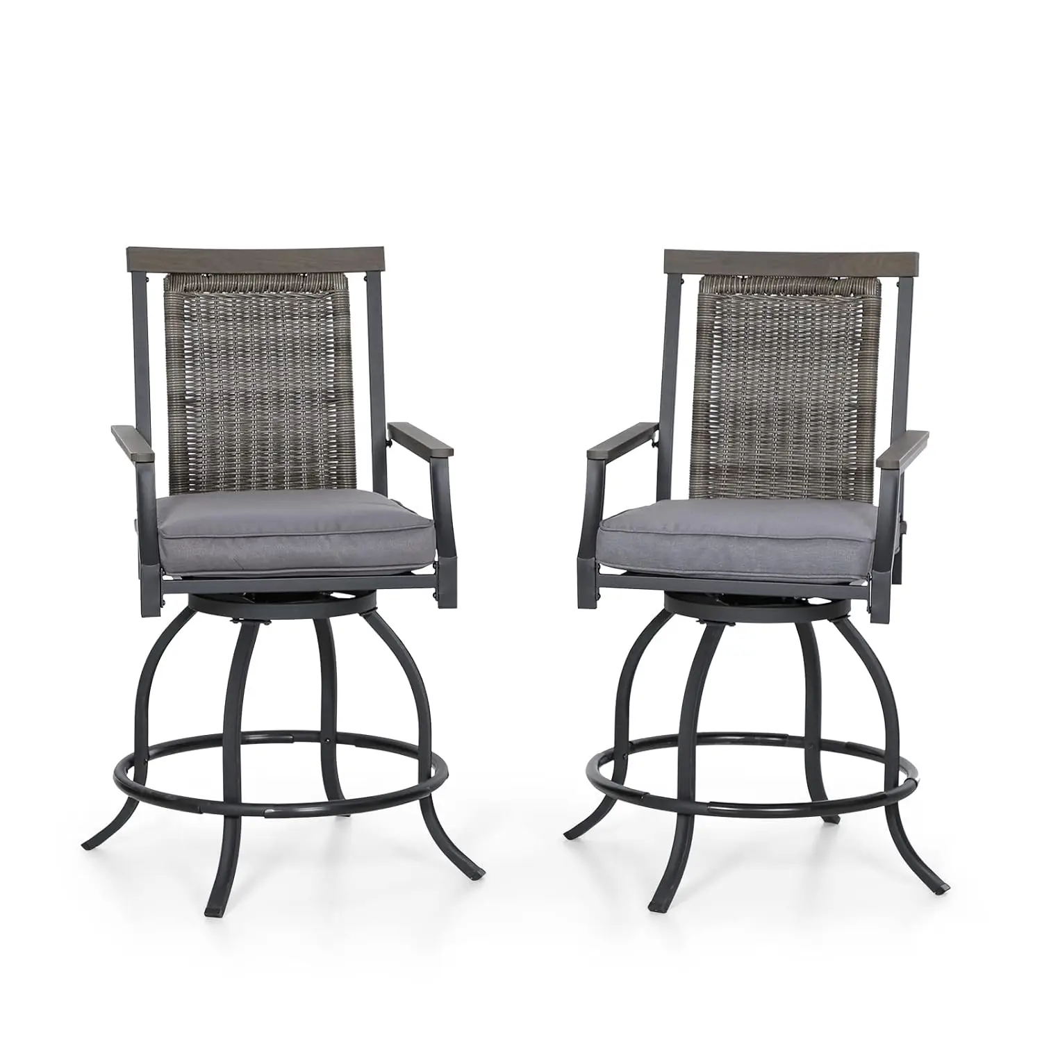 

Outdoor Swivel Bar Stools Set Of 2, 24" Counter Height Patio Bar Chairs With Rattan Backrest And Wood-Like Armrest, Customized