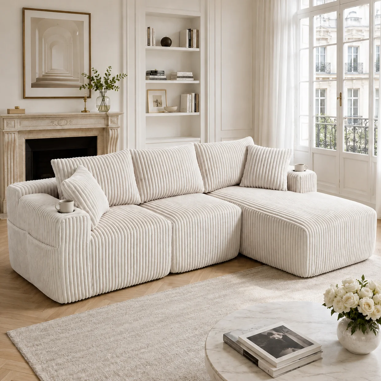 Ensemble de canapé modulaire en velours côtelé avec chaise longue et canapé 2 places, comprend 5 coussins, des poches latérales et des porte-gobelets, mousse haute densité, 257×90-160×62 cm