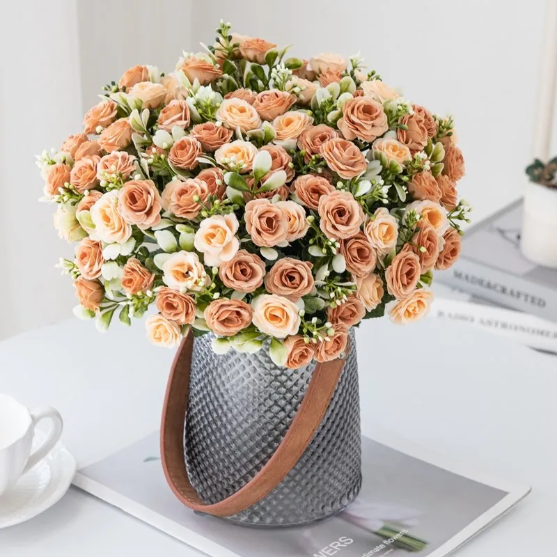 5 Zweige, 15 Blüten, Seidenrosen für Hochzeitssträuße, Festivals, Girlanden, Dekoration, Wohnzimmer, Bonsai, künstliche Blumen, Handarbeit – Detail 1