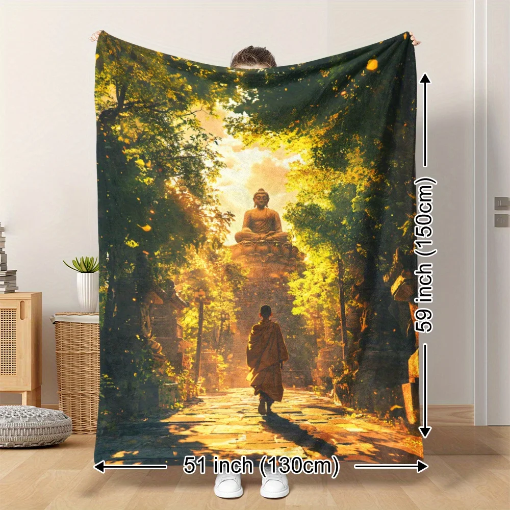Zen Buddha Statue & Monk Forest Meditation Throw Blanket - Soft Warm Flannel All-Season Large Spiritual Decor Golden
