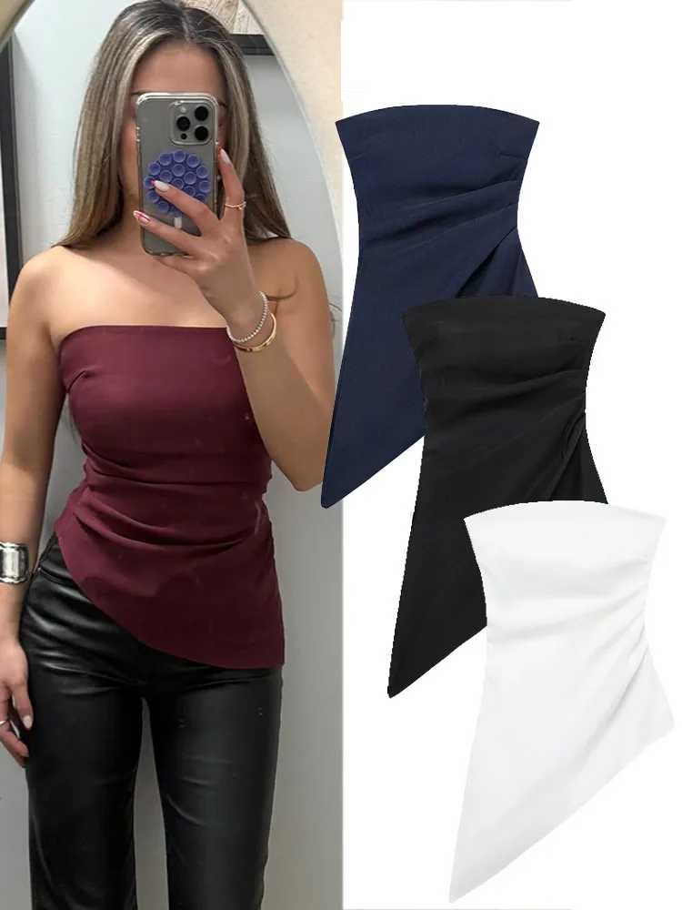 2025년 여름 여성 패션 지퍼 튜브탑 플리츠 비대칭 장식 오프숄더 슬림 탑 여성 스트릿웨어 Y2K