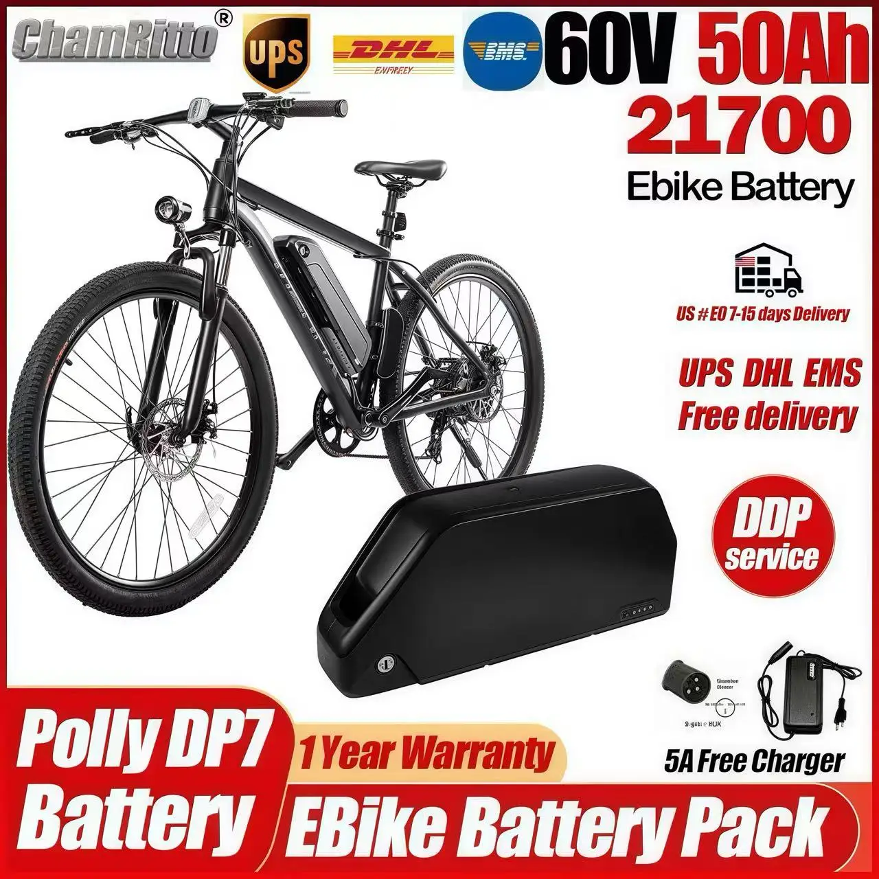 

Электрический велосипед Bateria Battery 21700 Polly7 60V 60ah Down Tube Scooter Batterie 30 40 50ah cham-rider Аккумулятор 60 В 2000 Вт 3000 Вт Аккумулятор