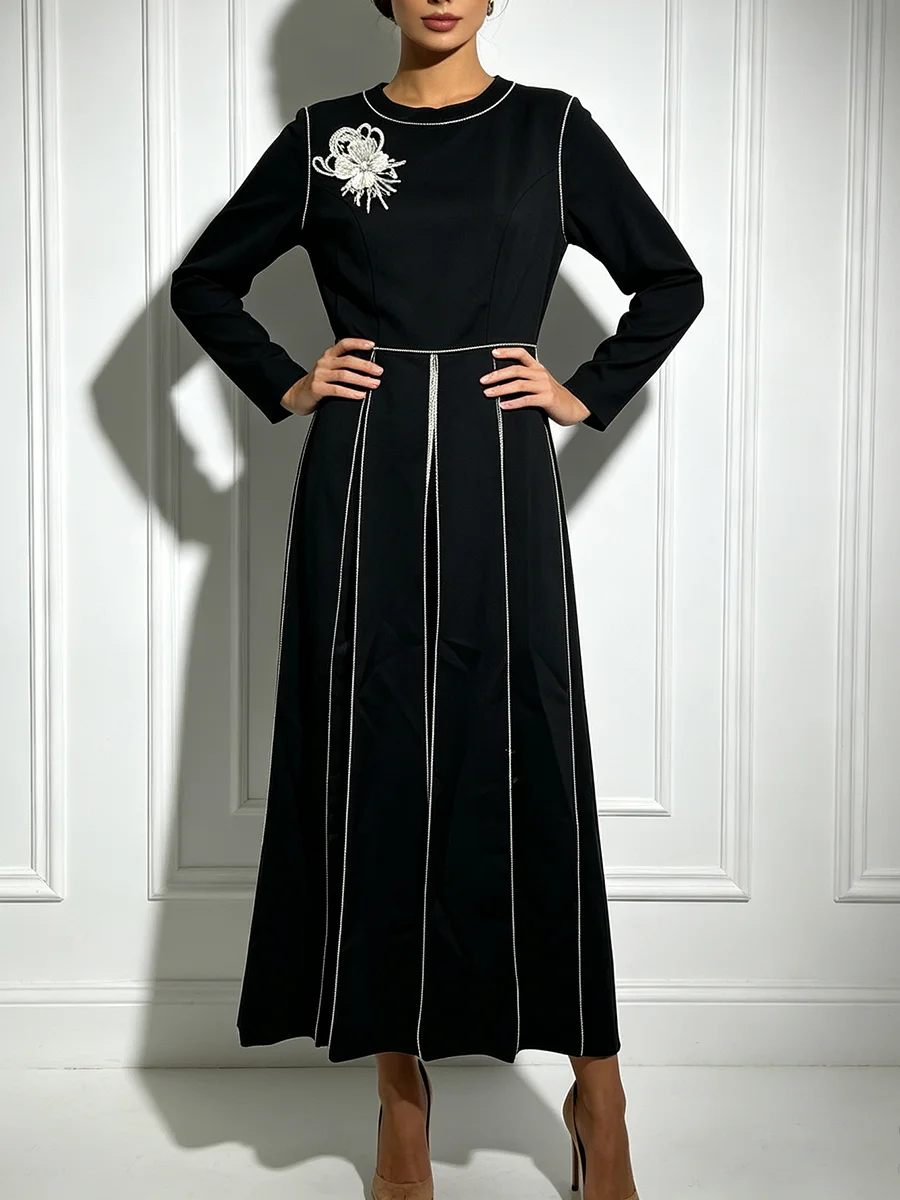 VGH Elegant Round Neck Two Piece Sets for Women Contrast Stitching Long Sleeve Top Wide Leg Pants for Formal Daily Casual Outfit