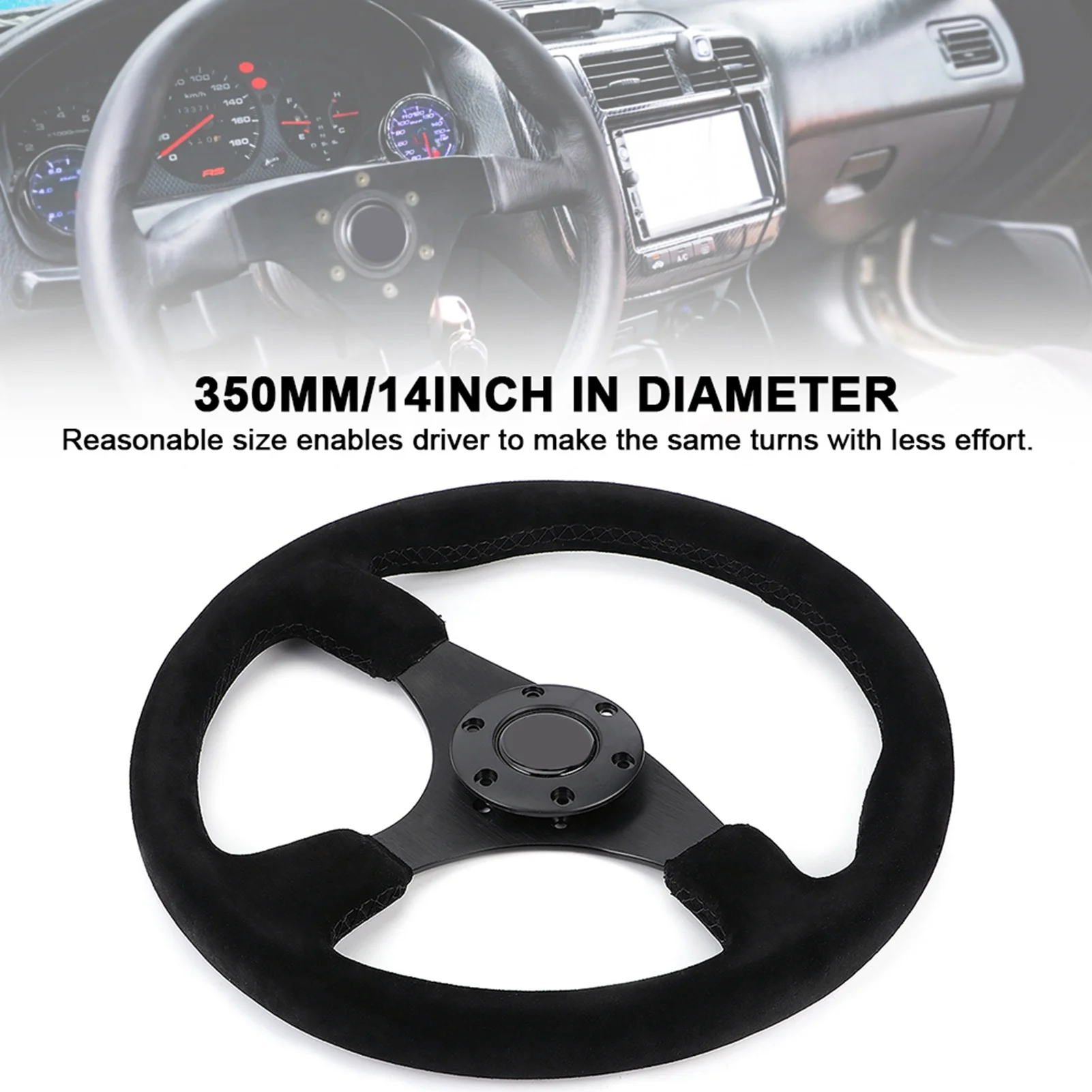 

14in/350mm for 6‑Bolt Black Suede Racing Steering Wheel Black Stitching with Horn Button Steering Wheel Replacement