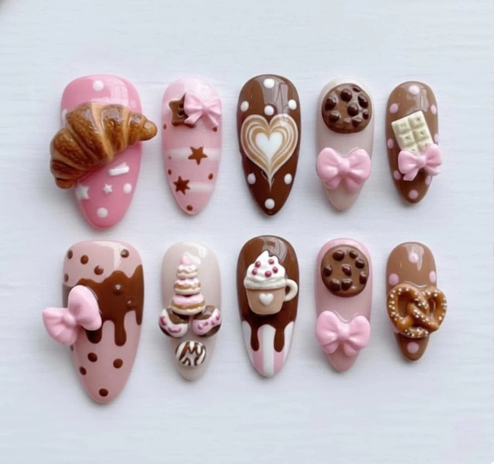 Handmade 3D Doll Sweet Rabbit Cat Rilakkuma Press On Nails Art Pink Chocolate Dessert Cream Cartoon Almond Fake Nails Sticker - view 3