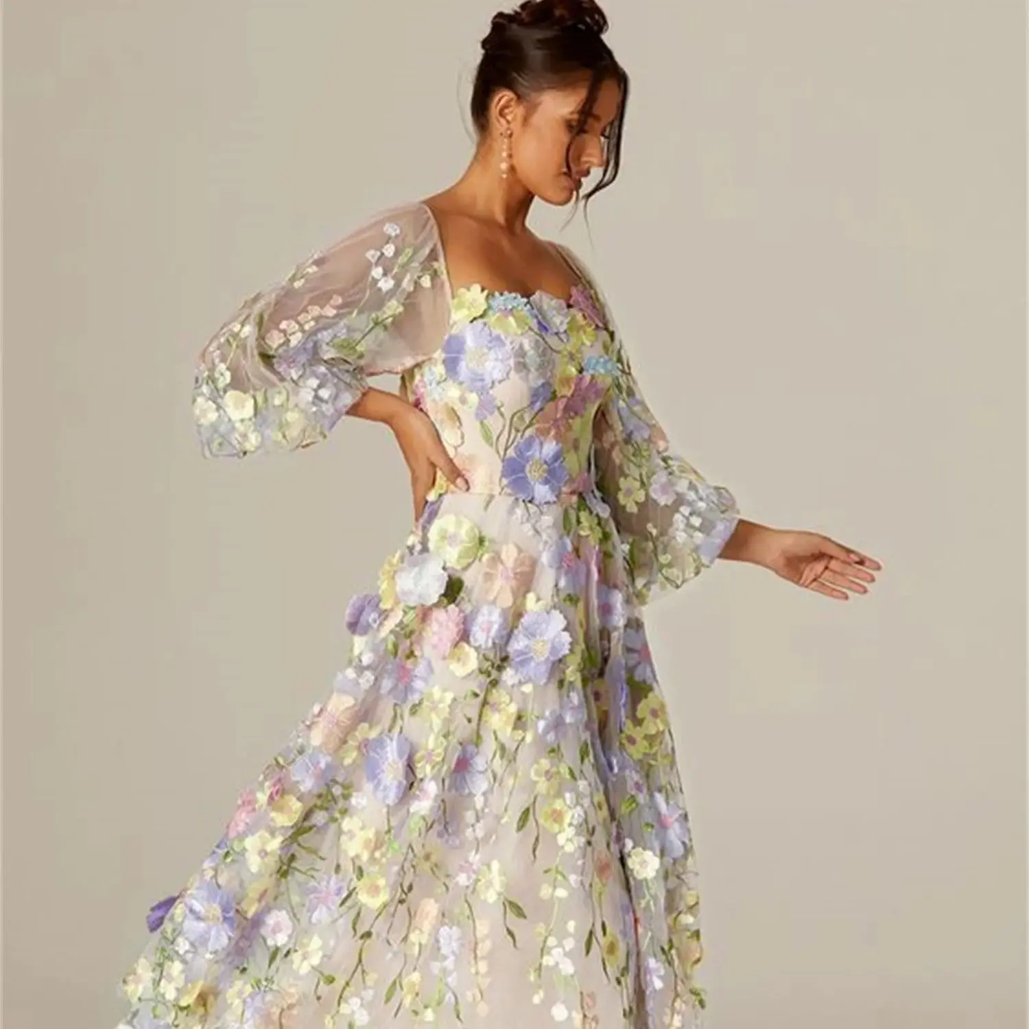 A-line Puff Sleeves 3D Flowers Prom Dresses customized Wedding Party Dress Evening Elegant Woman Gala Graduation Women Luxury