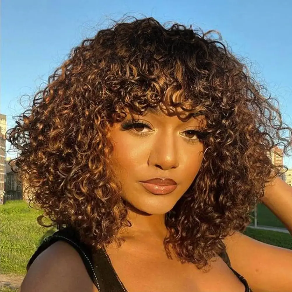 14インチ ブラウン ショートボブウィッグ 人毛 2x1 ディープウェーブ 前髪付き ノンレースフロントウィッグ 2x1 レミーブラウンカラー カール人毛ウィッグ
