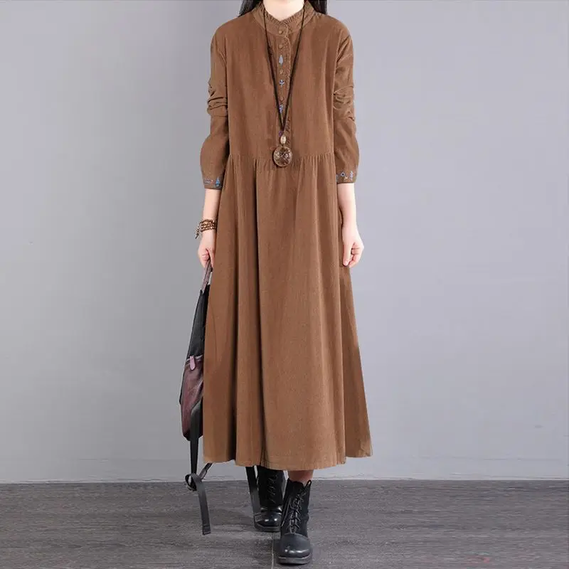 

Spring Autumn Vintage Corduroy Dresses for Women Embroidery O-neck Loose Long Dress Women Clothing Streetwear Robe Women Dress