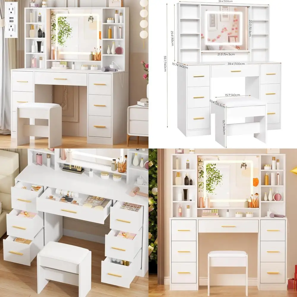 Lighted Makeup Vanity Table with Adjustable 3-Color Lighting and Power Outlet, 39.4 Desk for Girls, Enhanced Makeup Experience