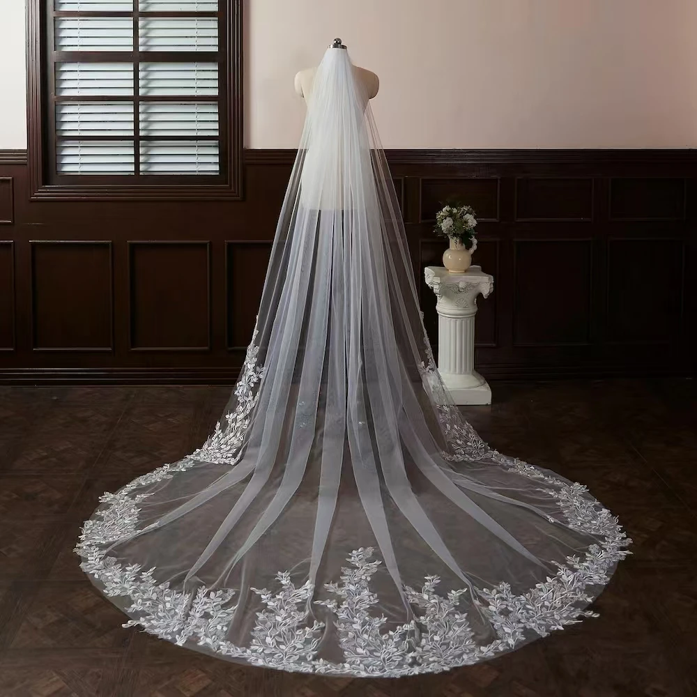 scintillante bianco avorio lungo veli da sposa velo da sposa applicazioni di pizzo morbido velo da cattedrale netto velos de novia voile de mariée