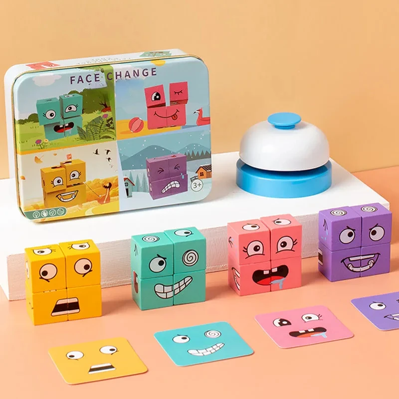 Cube Face Changing Building Blocks Board Game Wood Puzzle Montessori Expression Wooden Blocos for Children Battle Table Game