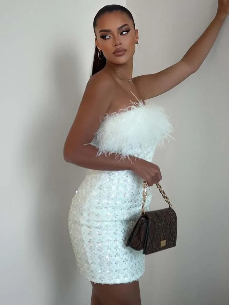 

Cocktail Dresses for Women Sexy Strapless Backless Sparkly Sequins Feather Solid White Prom Short Gown Dance Wear