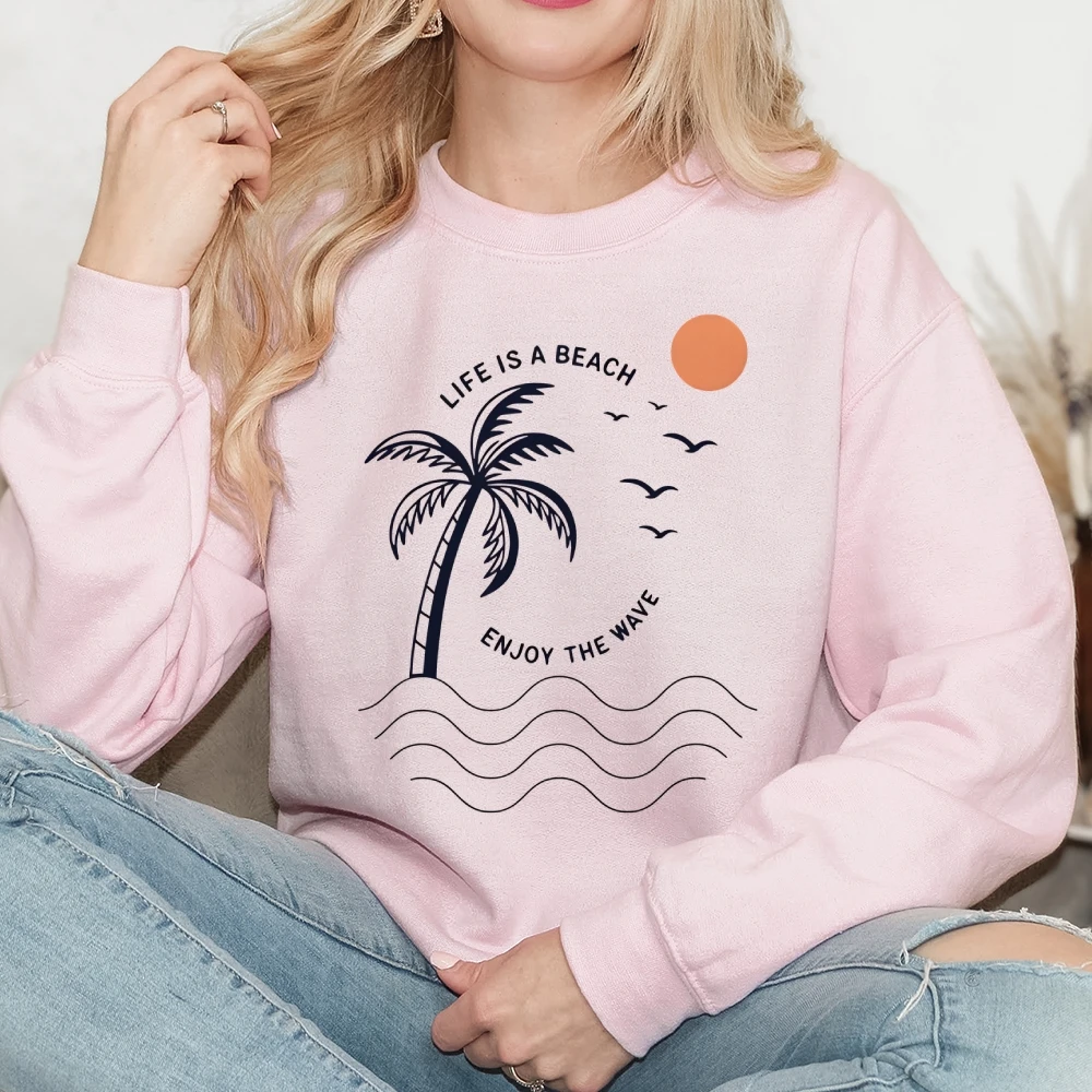 Y2K グラフィックカジュアルクルーネックスウェットシャツ女性服プリントストリート特大トップパーティー夏のココナッツの木快適な