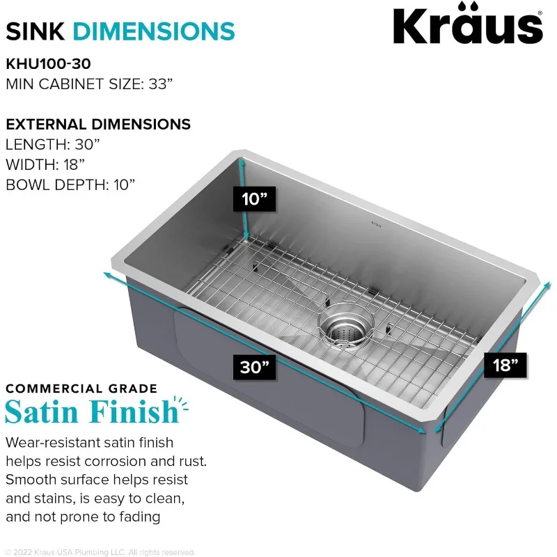 Kraus-Pia De Cozinha De Aço Inoxidável, KHU100-30, 30"