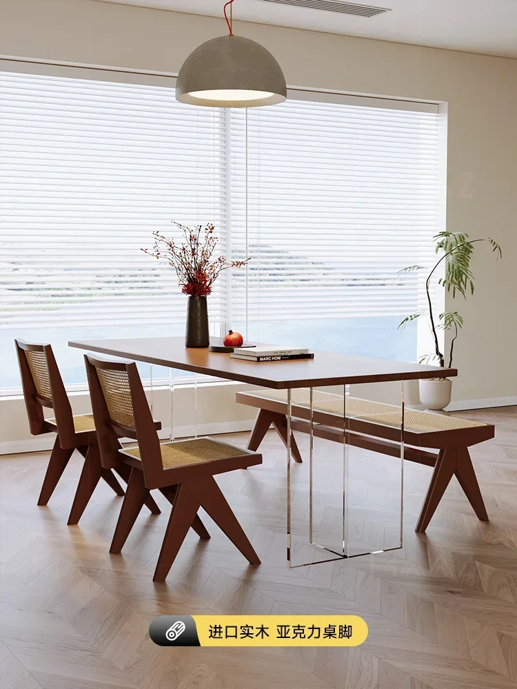 Combinación de mesa y silla de comedor de madera maciza de estilo japonés, mesa de comedor antigua, suspensión acrílica rectangular