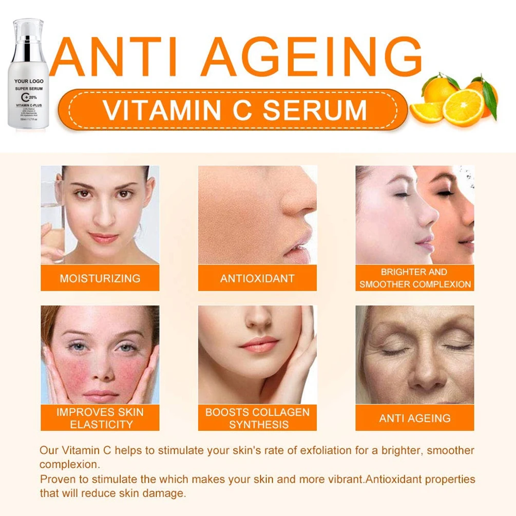 ฉลากส่วนตัว Vitamin C Face Serum โลโก้ที่กําหนดเอง 50ml VC Essence Original Liquid Face Skin Care ผลิตภัณฑ์ Moisturizer โลชั่นแต่งหน้า