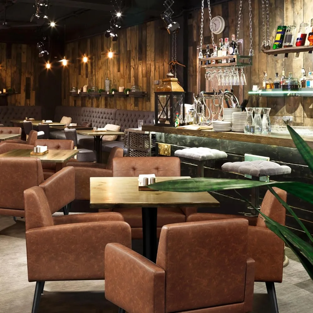 ミッドセンチュリーアクセントチェア、PUレザーモダンな布張りのリビングルームチェア、居心地の良いアームチェアボタンタフトバックと木製脚