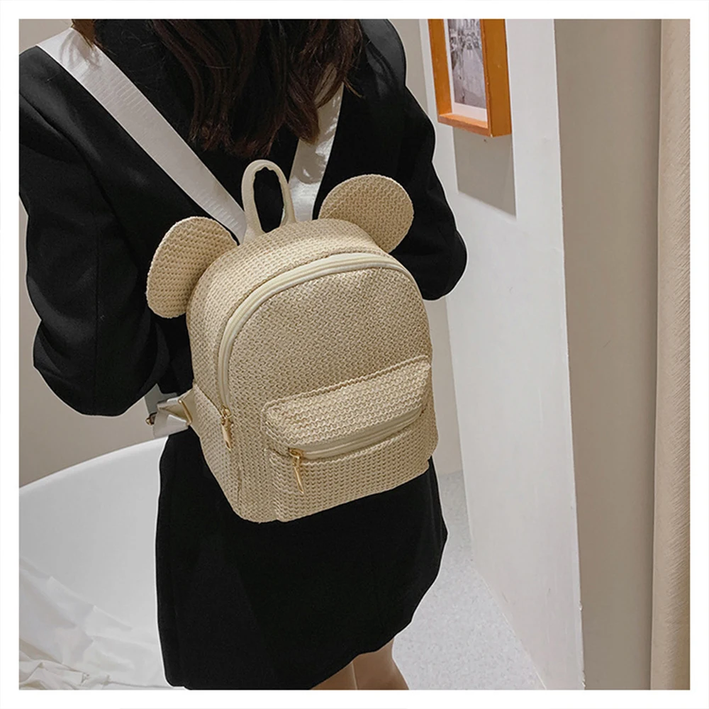 Personalized Customization Summer New Woven Backpack Cute Round Ear Beach Backpack With Name Versatile Mini Gift Bag