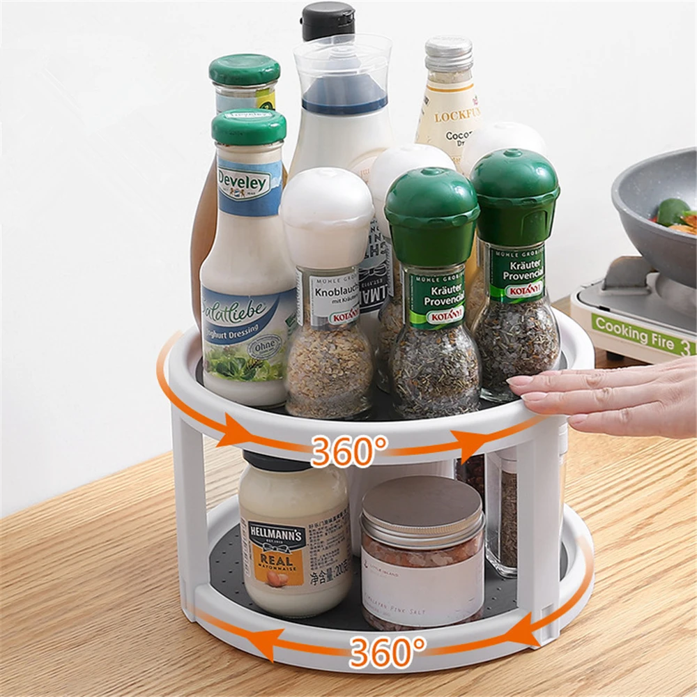 360° Rotating Tray Double Layers Spice Seasoning Jar Organizer Shelf Kitchen Storage Rack Holder Cabinet Refrigerator Turntable