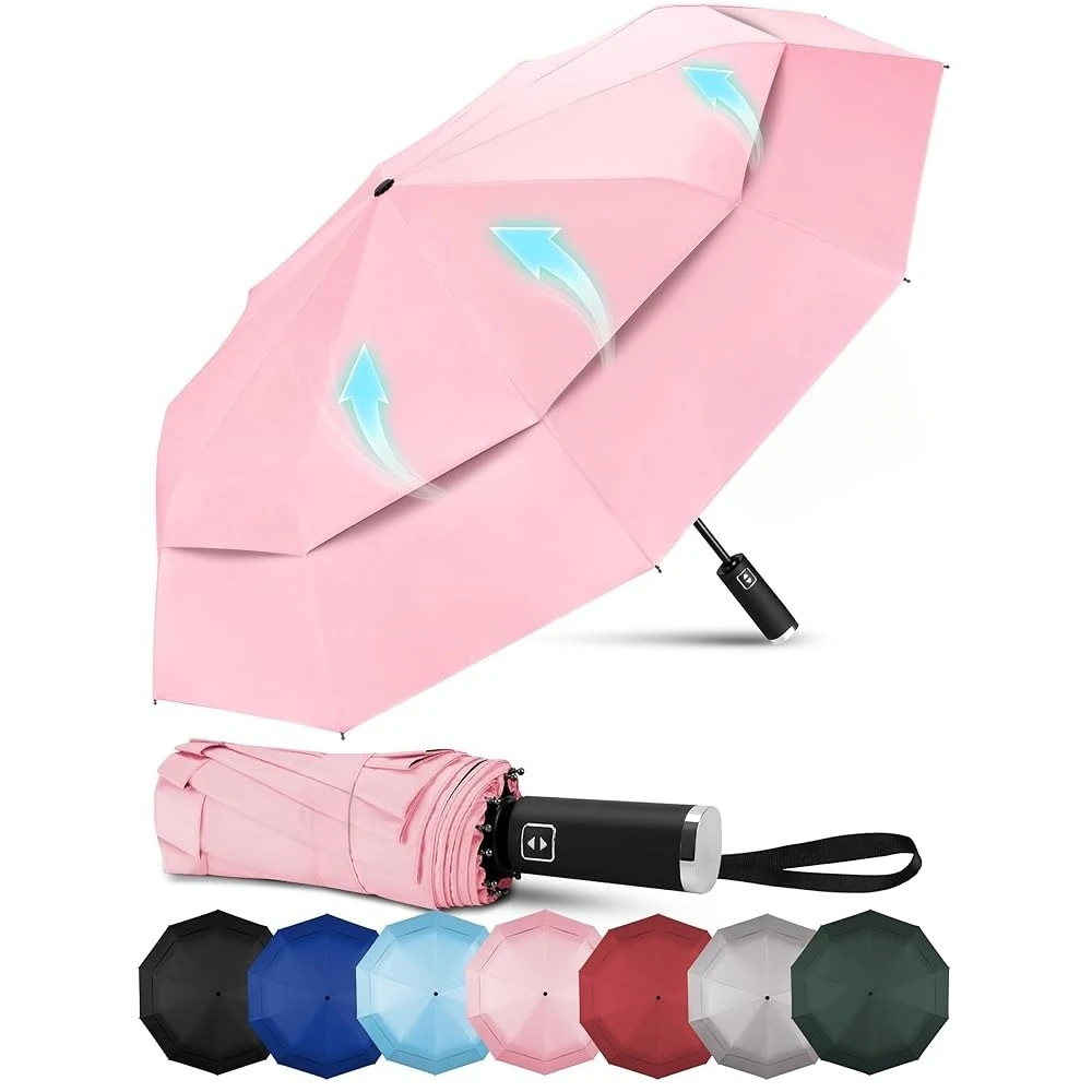 

Travel Umbrella with Carabiner Handle, Windproof Large Umbrellas for Rain with Dual-Rib Structure, Portable Compact Umbrella